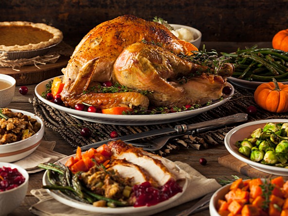 Typical American thanksgiving dinner with turkey and all the trimmings.